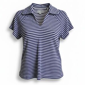 Free Assembly Women’s Navy Striped V-Neck 100% Cotton Top, Made in Egypt, Size S